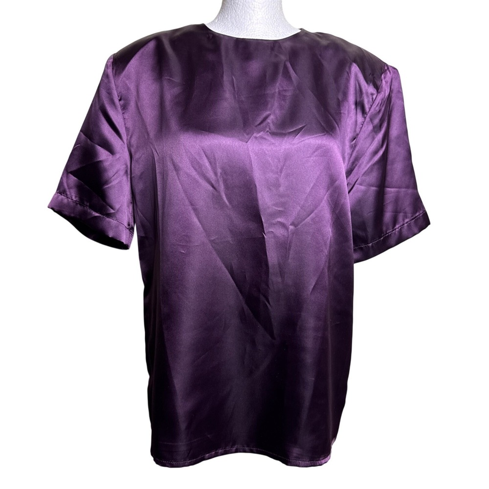 Vtg Ilyssa Maxx Purple Satin Blouse‎ S 80s 90s Padded Shoulder Short Sleeve NWT